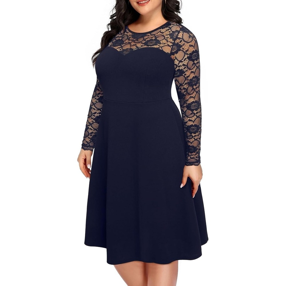 PINUP FASHION Dress Size 22 Navy Blue Midi Swing Long Lace Sleeves NEW